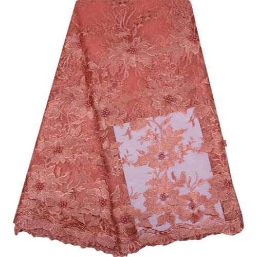 Fashion African Lace Fabric High Quality Peach Color Lace Nigerian Lace Fabric 2018 High Quality Lace With Beaded 5 Yards F1126