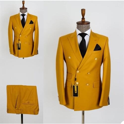 Fashion Two Pieces Yellow Men Suits Custom Made Handsome Cotton Spring Wedding Suits Gold Metal Two Button Formal Coat+Pant