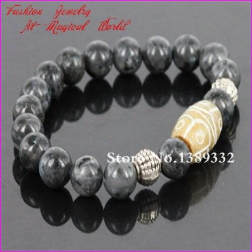 Newest 10mm Gray labradorite beads bracelet Chunky Semi precious Gems stone bracelet With carving White Bead Men Bracelet