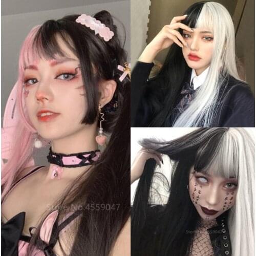 Anime Csoplay Woman Wig Long Staight Yellow And Black Wavy Bangs 5Color Lolita Wigs Hair Long Heat Resistant Synthetic Halloween