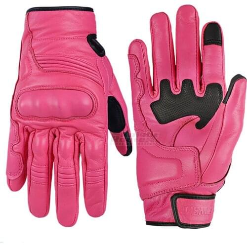 Pink Women Motorcycle Gloves Retro Motorbike Leather Full Finger Gloves Moto Motocross Racing Biker Touch Screen Riding Gloves
