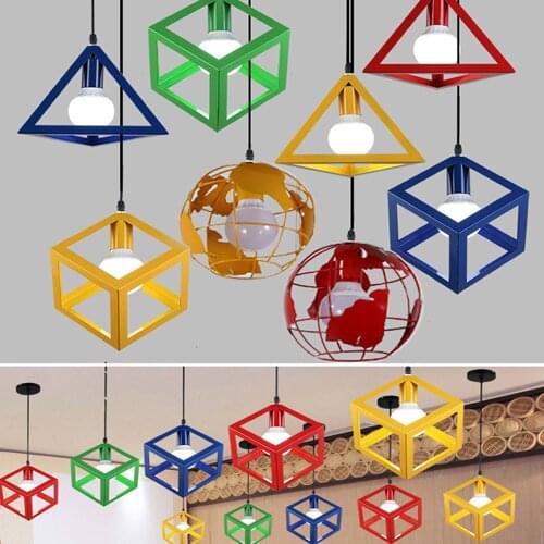 Pendant lamps iron cage hanging lights loft macaroon colorful led lighting metal indoor black white yellow red green blue lamp