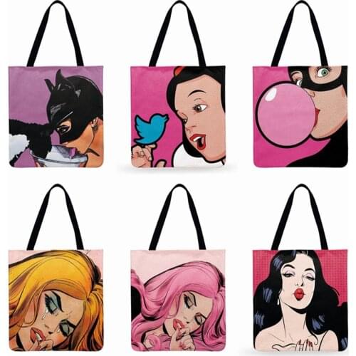 Pop Girl Printed Tote Bag Cartoon Casual Tote Catwomen Snow White Foldable Shopping Bag Reusable Beach Bag Women Shoulder Bag