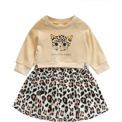Infant Kids Girl’s Casual Long Sleeve Dress Fashion Letter Leopard Stitching Round Neck A-line Princess Dress 6M-3T