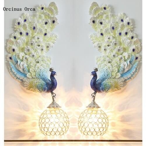 Nordic retro gorgeous peacock wall lamp living room background wall bedroom bedside lamp creative luxury crystal wall lamp
