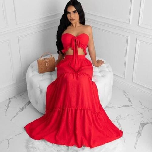 Sexy Matching Sets Two Piece Dress Women Strapless Cami Top & High Waist Maxi Skirt Solid Chic Holiday Beach Outfits Plus Size