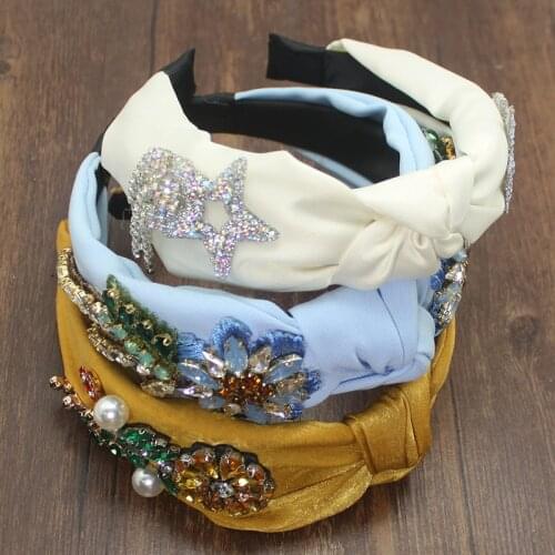 Vintage Wide Luxury Blue Yellow Hairbands Colorful Crystal Flower Rhinestone Headband For Women Girls Fashion Hair Accessories