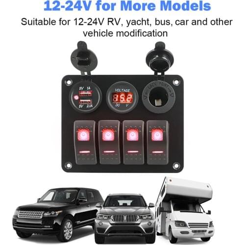 LED Rocker Switch Panel Circuit Breaker 4 Gang Aluminum Panel Dual USB Port for Car RV Camper Caravans Digital Voltmeter