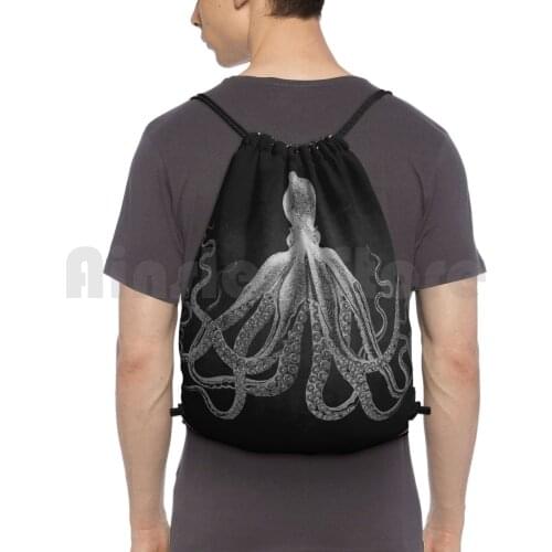 Vintage Lord Bodner Octopus Print-White On Black Backpack Drawstring Bag Riding Climbing Gym Bag Vintage Engraving Black