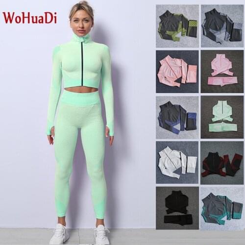 WOHUADI 2Pcs Womens Sportswear Yoga Sets Female Sport Gym Wear Fitness Long Sleeve Shirt+Bra+High Waist Leggings Dropshipping