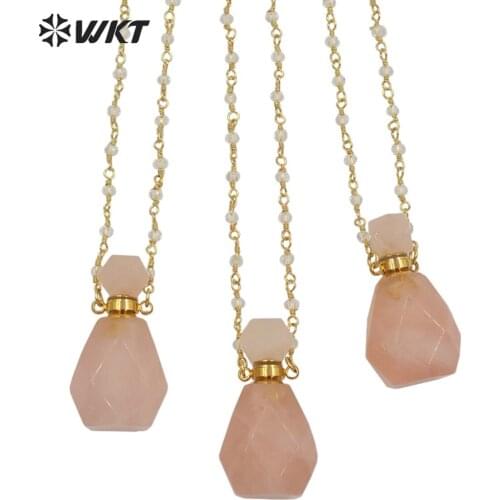 WT-N1269 Cute Pink Stone Bottle Necklace Water Drop Shape Crystal Essential Oil Pendant Necklace Gold Plated Link Chain