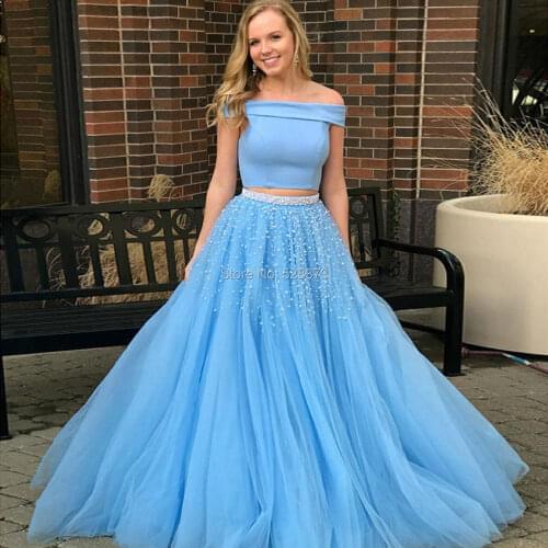YNQNFS PD45 Chic Open Back Boat Neck Puffy Tulle Pearls Crystal Two Piece Prom Dresses 2018