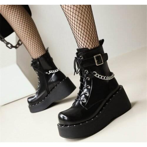 PXELENA Gothic Motorcycle Biker Combat Ankle Boots Women Metal Chain Buckle Wedge Platform High Heels Punk Cosplay Shoes 34-43