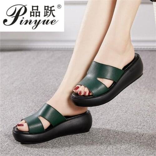 2020 Women Slippers Summer Casual Shoes Genuine Leather Wedges Platform Slippers Women Sandals High Heel Slides