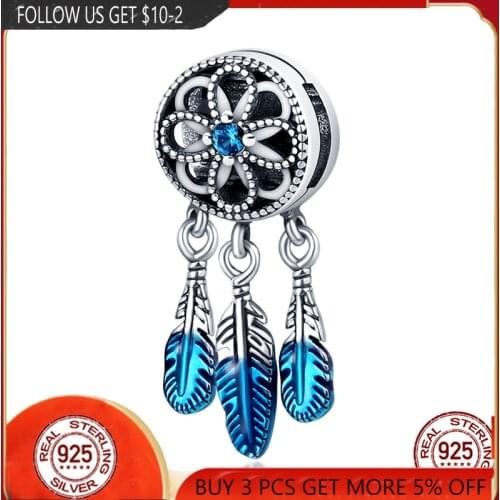 925Sterling Silver Flat Mouth Blue Dream Catcher Fits Original Pandora Flat Mouth Bracelet Making Fashion DIY Jewelry For Women