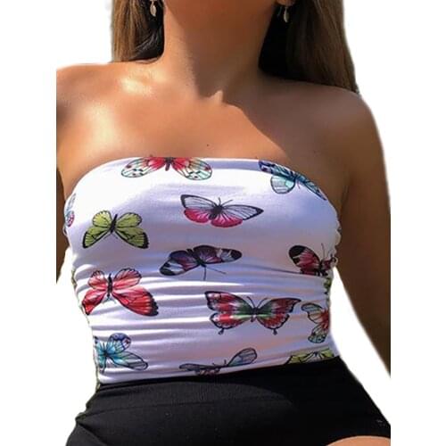 Women Boob Tube Crop Tops Print Sleeveless Strapless Clothse