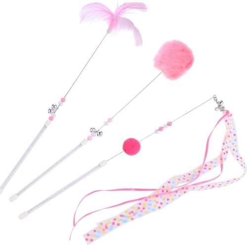 1 Set of 3Pcs Interactive Pet Cats Toy Teaser Stick Ribbon Feather Cat Teaser