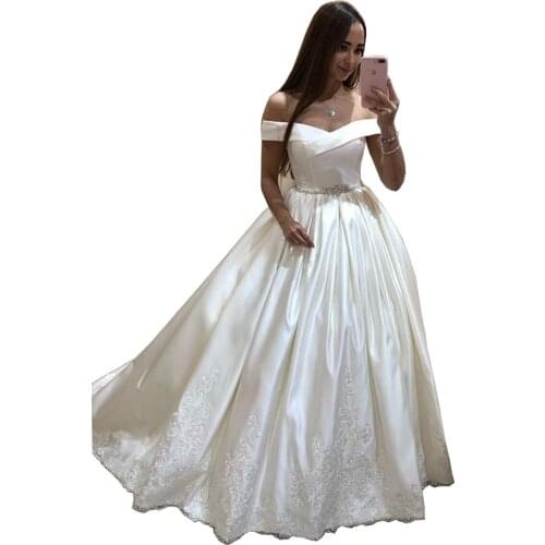 2021 Off Shoulder Satin Appliques Wedding Dresses for Bride Ball Gown Beaded Wedding Bridal Gowns vestido de noiva