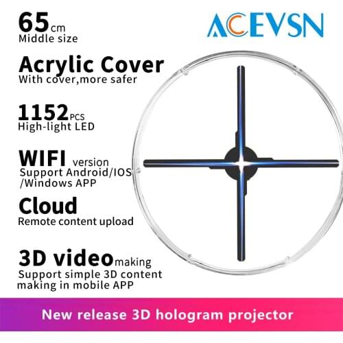 65CM WIFI Cloud 1152Pcs LED 3D Holographic Projector with Acrylic Cover Advertising Lights Display Imaging Logo Light Holo Fan