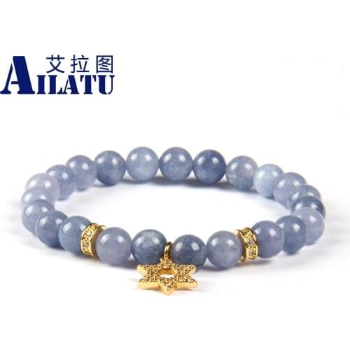 Ailatu Wholesale New Arrival Top Quality 8mm Light Blue Stone Beads with Clear Cz Star of David Pendant Chams Bracelet
