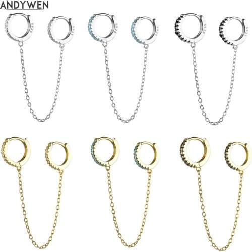 ANDYWEN 925 Sterling Silver Double Circle Hoops Chain Guggies Clips On Earring Safe Loops Black Green Zircon Ring Women Jewelry