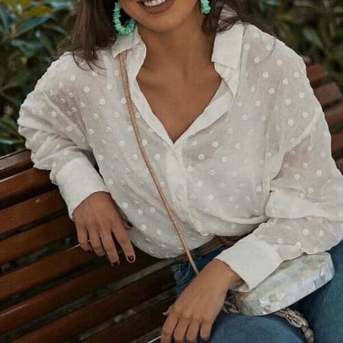 Sexy Long Sleeve Turn-Down Collar Polka Dot See-through Tops Blouse for Women