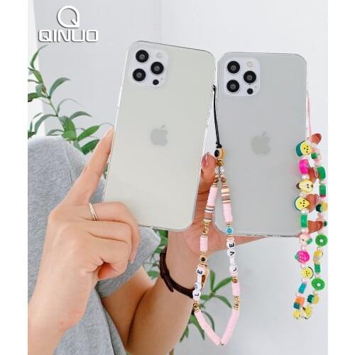 Beaded Lanyard Wrist Strap Phone Charms Case For iPhone 13 12 11 Pro Mini XS Max X XR 6 7 8 Plus String Bracelet Clear Cover