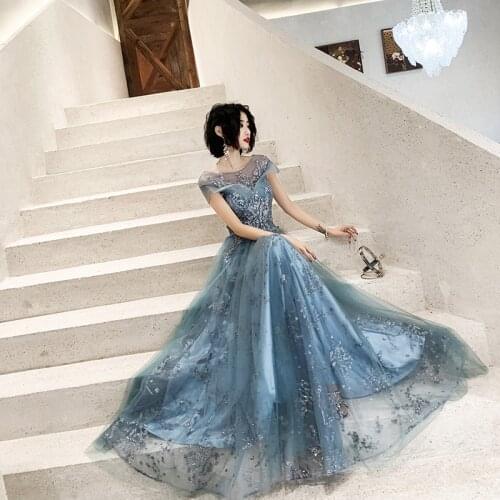 Illusion Tulle A-line Blue Prom Dresses Elegant Applique Long Princess Sequins Formal Evening Dress Woman Occasion Party Gown