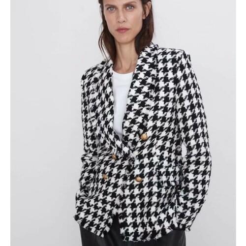 Double Breasted Blazers Women Fashion Houndstooth Casual Jackets Women Elegant Long Sleeve Suits Female Ladies