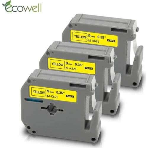 Ecowell 3PK Black on Yellow 9MM MK621 ML 621 label tape M-K 621 compatible for Brother P-touch label printer PT-110 PT-85 PT-100