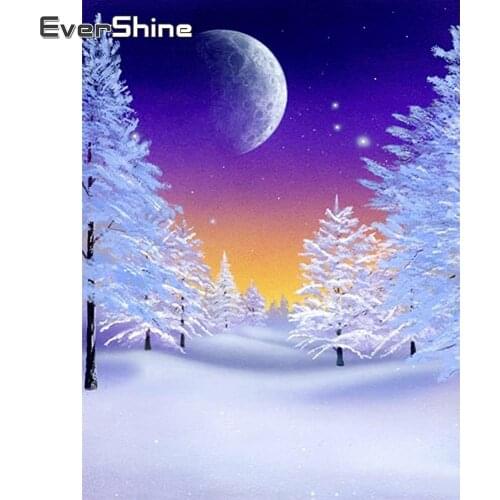 EverShine Diamond Mosaic Winter Tree Painting Bead Needlework Diamond Embroidery Moon Picture Rhinestones Scenery Decor For Home