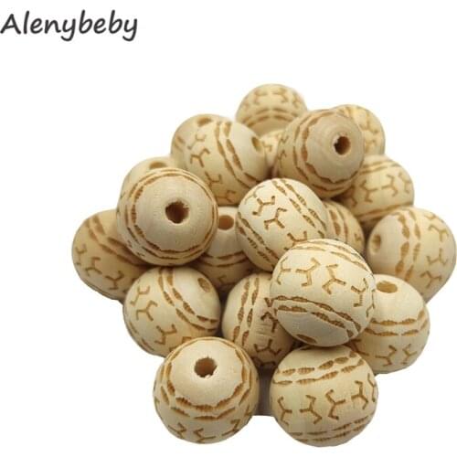 Engraving Printing Wooden Round Beads Teether Loose Natural Wood Ball Jewelry Making Bracelet Necklace DIY Teething Accessories