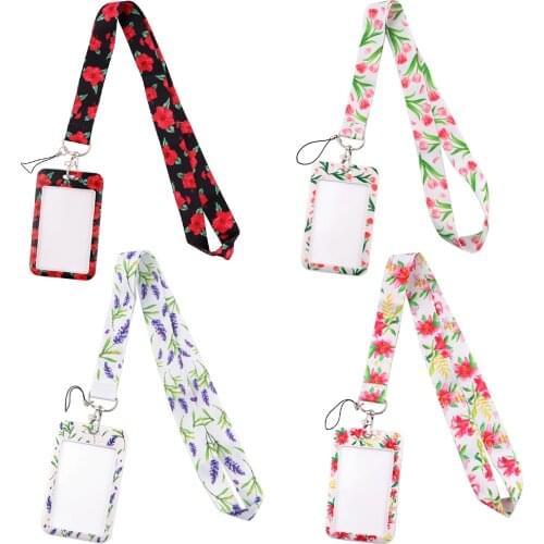 JF0274 Flower Red Lanyard Credit Card ID Badge Holder Key Ring Bag Student Woman Travel Bank Bus Business Card Cover keychain