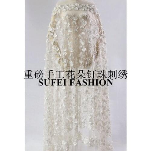 Quality 120CM Beige Applique Beading Embroideried Net Lace Wedding Evening Dress fabric S258