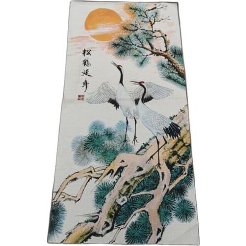 China old silk like hanging painting Embroidery Pine crane chart painting long 120cm