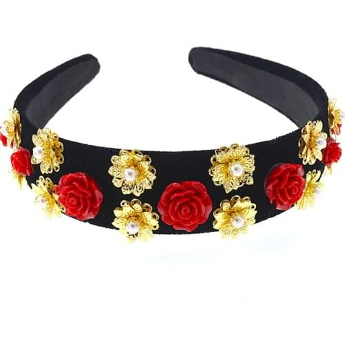 Fashion Baroque Retro Crown Rhinestones Handmade Hair Bands Red&Golden Flower Wide Headband Wedding Hair Jewelry