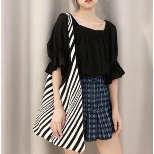 Fashion Knit Folds Hand Bag Design Shoulder Pleated Bag Eco Reusable Portable Shoulder Handbags Folding Pouch Shopping Bag