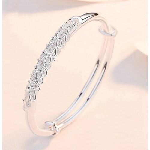Fashion Silver Bracelet Retro Ethnic Exquisitely Carved Peacock Feather Pattern Opening Adjustable Bracelet Unisex Gift