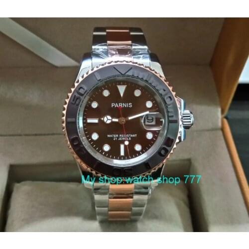 41MM PARNIS Coffee color dial 21 jewels Automatic Self-Wind movement Ceramic bezel Sapphire Crystal luminous mens watch PA24-8