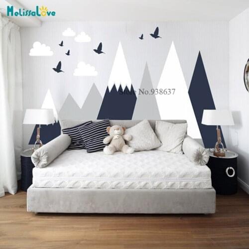 Mountains Decal Woodland Baby Room Decal Clouds Birds Toddlers Custom Personalized Washable Headboard Nursery Wall Sticker BB841