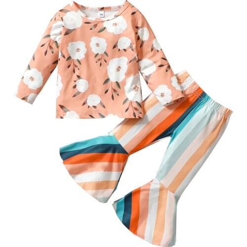 New Arrival Girls Fashion Clothes Set 2 Pieces Suit Floral Long Sleeve Tops+Stripe Flare Pants Kids Sets Girls Clothes 1-5Y