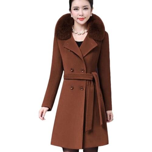 New Winter Womens Woolen Coat Fur Collar Long Wool Blends Coat Fashion Elegant Double breasted Belt Woolen Female Outerwear