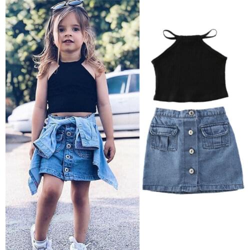 1-6 Years Toddler Girl Outfit Set Sleeveless Black Vest Top Single Breasted Denim Skirts For Girls Summer Clothes Set