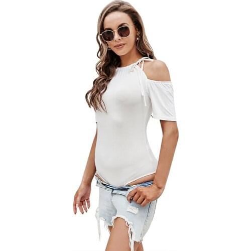 Sexy Drawstring Neck Bodycon Open Shoulder Bodysuit for Women Cute Ladies Plus Size Short Sleeve Halter Summer Top Boysuit