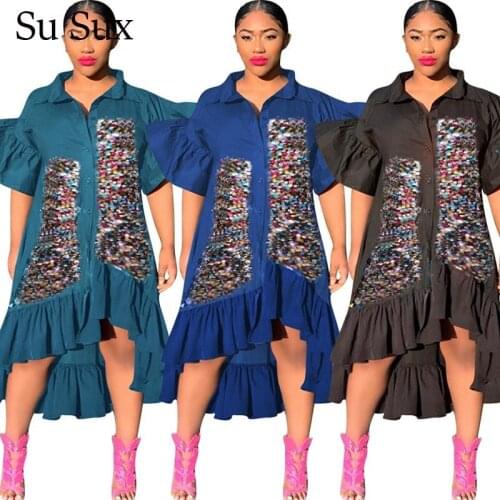 Sequins Skirt Dress Women African Clothes Plus Size Flare Sleeve Ruffles Dress Front Short Back Long Loose Dress Vestidos Summer