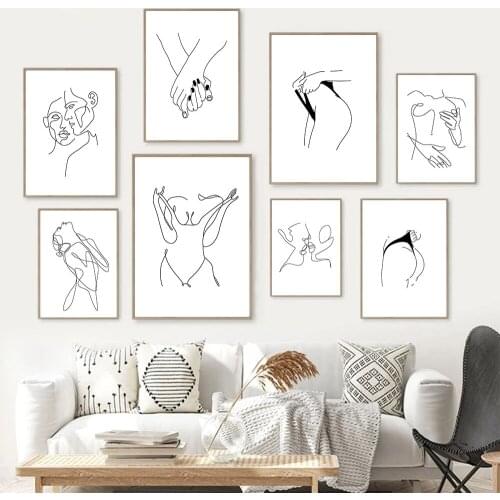 Hand Kiss Poster Line Drawing Abstract Canvas Wall Art Print Female Nude Painting Sexy Body Wall Pictures Living Room Home Decor