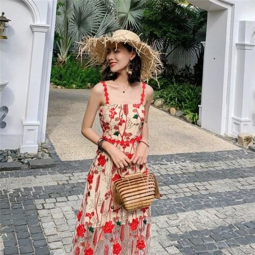 Spaghetti Strap Red Dress Luxury Runway Embroidery Flower Mesh Lace Summer Ankle-Length Square Collar Beach Dresses Vestidos