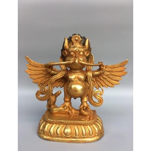 8"Chinese Folk Collection Old Bronze Gilt Roc garuda statue Buddha protector Office Ornaments Town House Exorcism