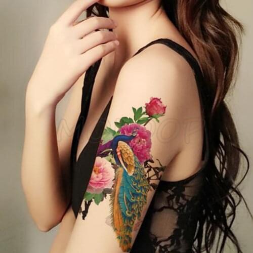 Peacock Peony Flower Bud Tattoos Stickers Women Body Waist Arm Art Bracelet Tattoos Temporary Girls Butterfly Tatoos Rose Chains