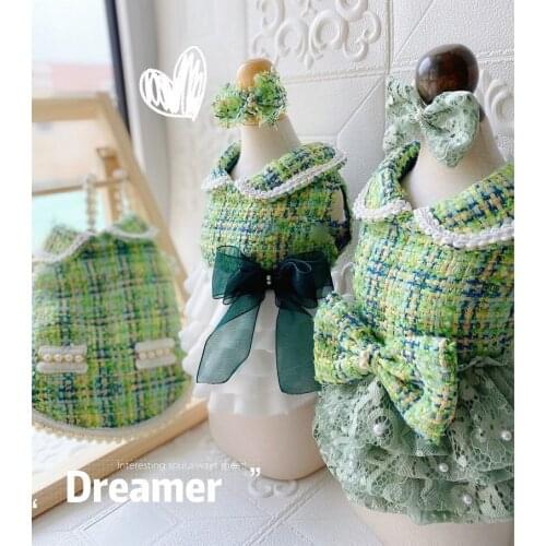 Free Shipping Handmade Tweed Dog Clothes Pet Couples Dress Coat Outfit Avocado Emerald Green Lace Skirt 3 Style Yorkie Poodle